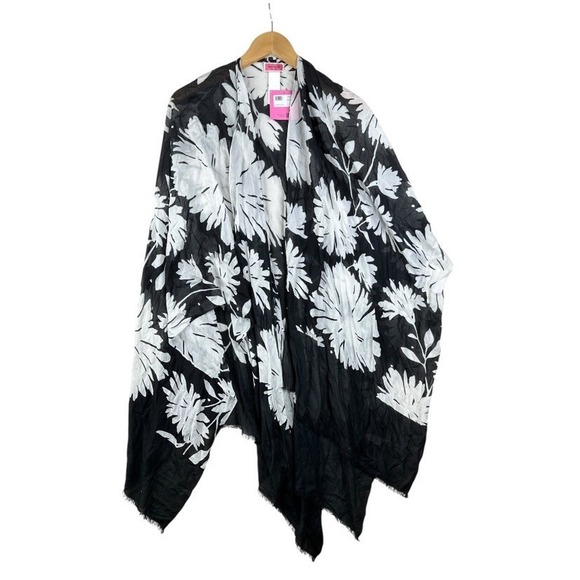 New Kate Spade Floral Print Open Gerbera Ruana One Size Black/White - Picture 1 of 8